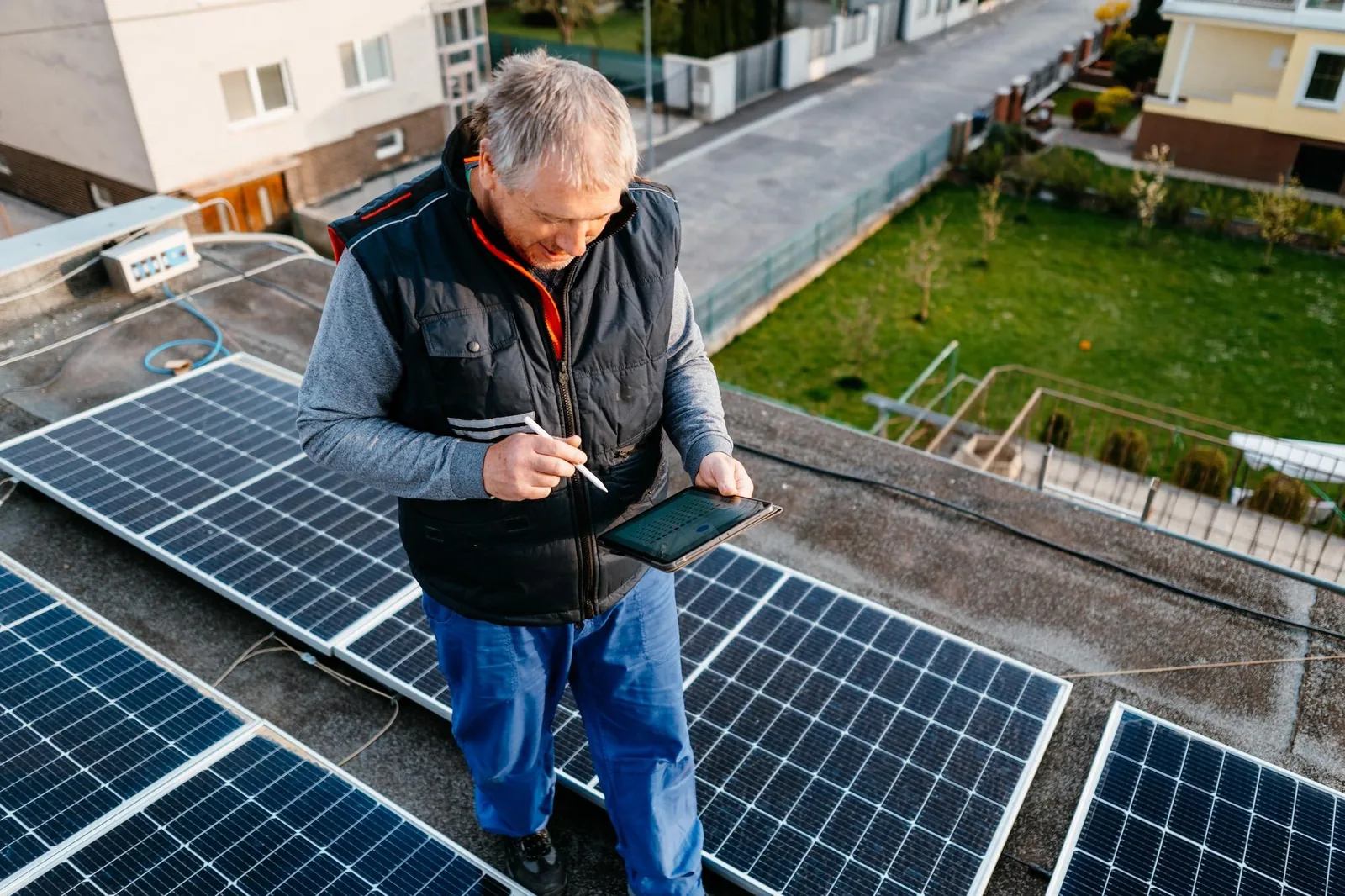 Installateur posant des panneaux solaires photovoltaïques, achat, installation et raccordement sur toiture